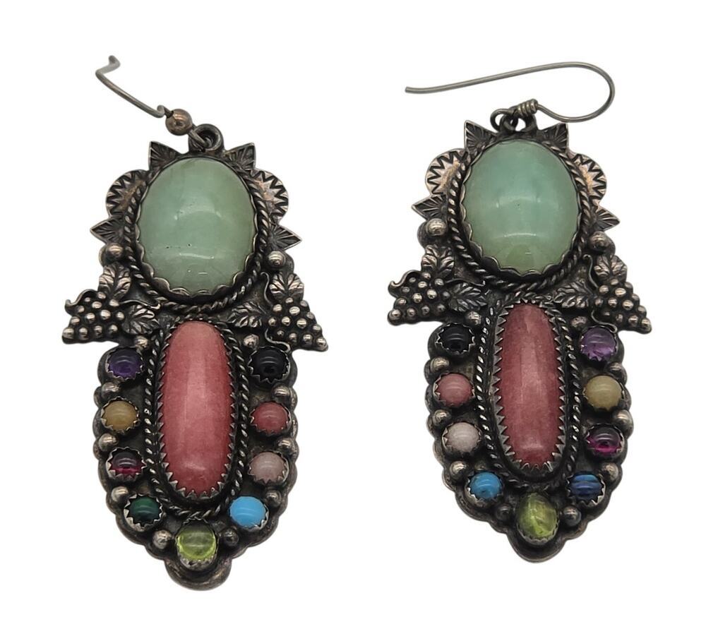 Vtg Southwestern SC Cloud Natural Multicolor Stones Sterling Silver Earrings